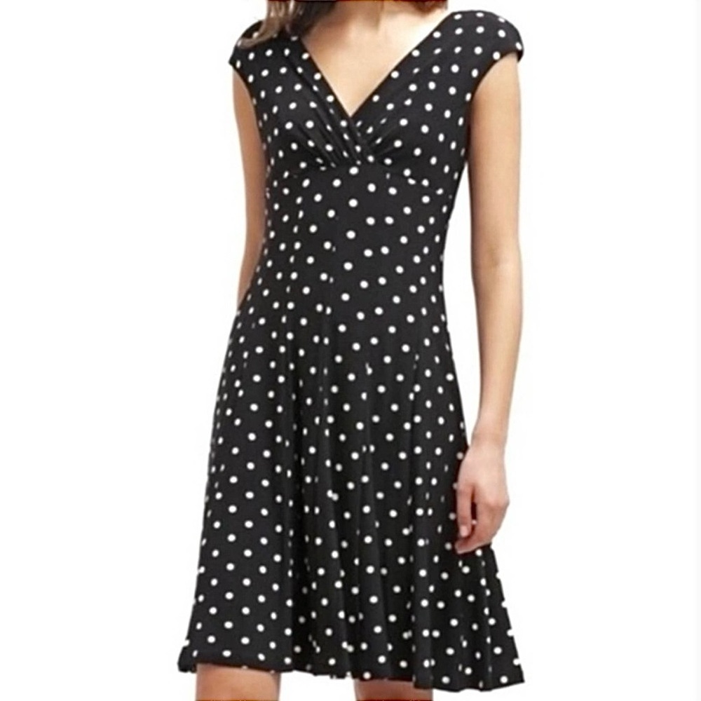 Lauren Ralph Lauren Black & White Polka Dot Empire Waist Jersey Knit Dress 14W